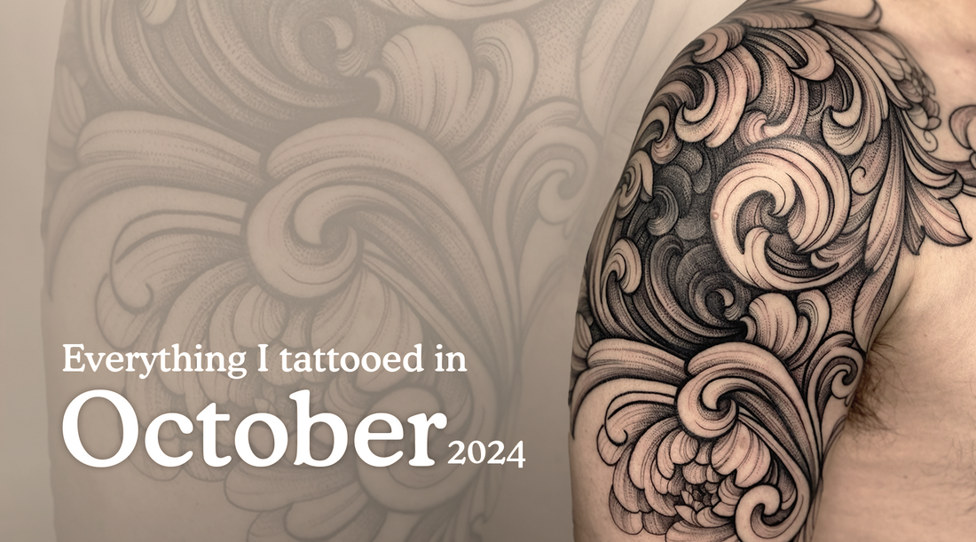 Detailed ornamental blackwork shoulder tattoo by Lu Loram-Martin, a specialized Toronto tattoo artist, showcasing intricate patterns and line work created in October 2024
