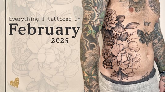 Blackwork floral rib tattoo on a male client, featuring bold peony and dahlia designs with fine-line details. Tattooed in Toronto in February 2025.