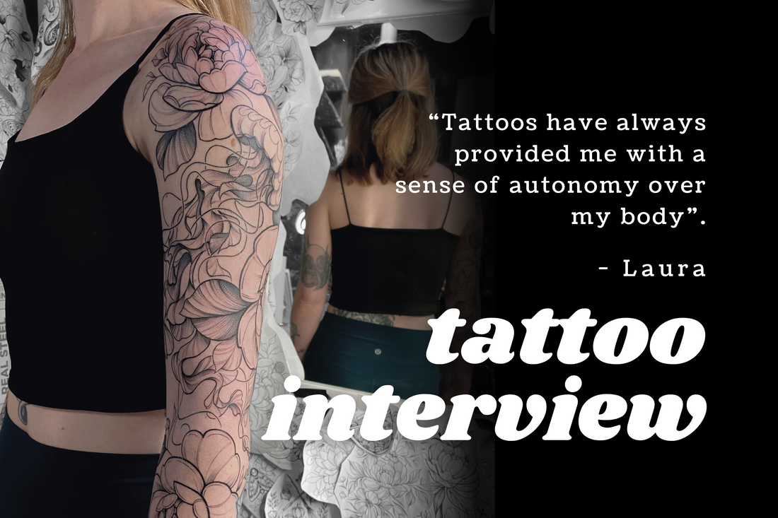 tattoo interview quote overlaying a photo of a jellyfish sleeve tattoo by lu loram martin, top large bold blackwork floral tattoo specialist, and illustrator, based in toronto, canada,