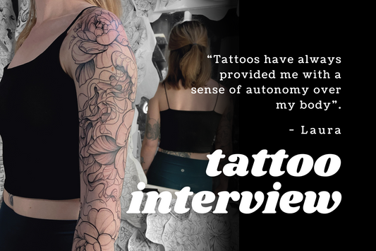 tattoo interview quote overlaying a photo of a jellyfish sleeve tattoo by lu loram martin, top large bold blackwork floral tattoo specialist, and illustrator, based in toronto, canada, 