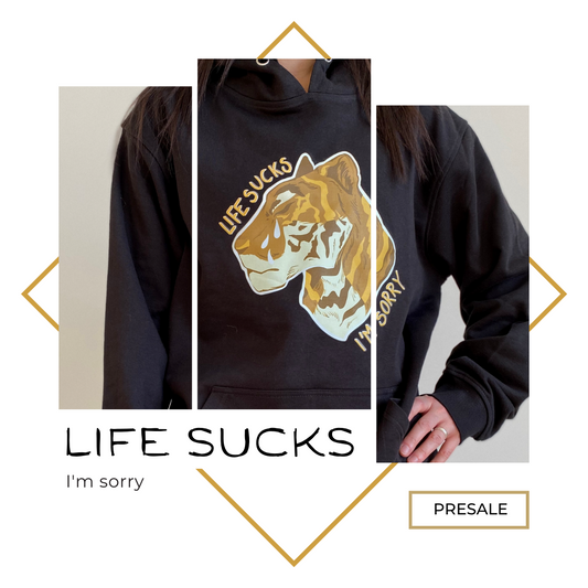Life sucks blog cover with logo designed and illustrated by female floral tattoo artist Lu Loram Martin, in Toronto, Canada.
