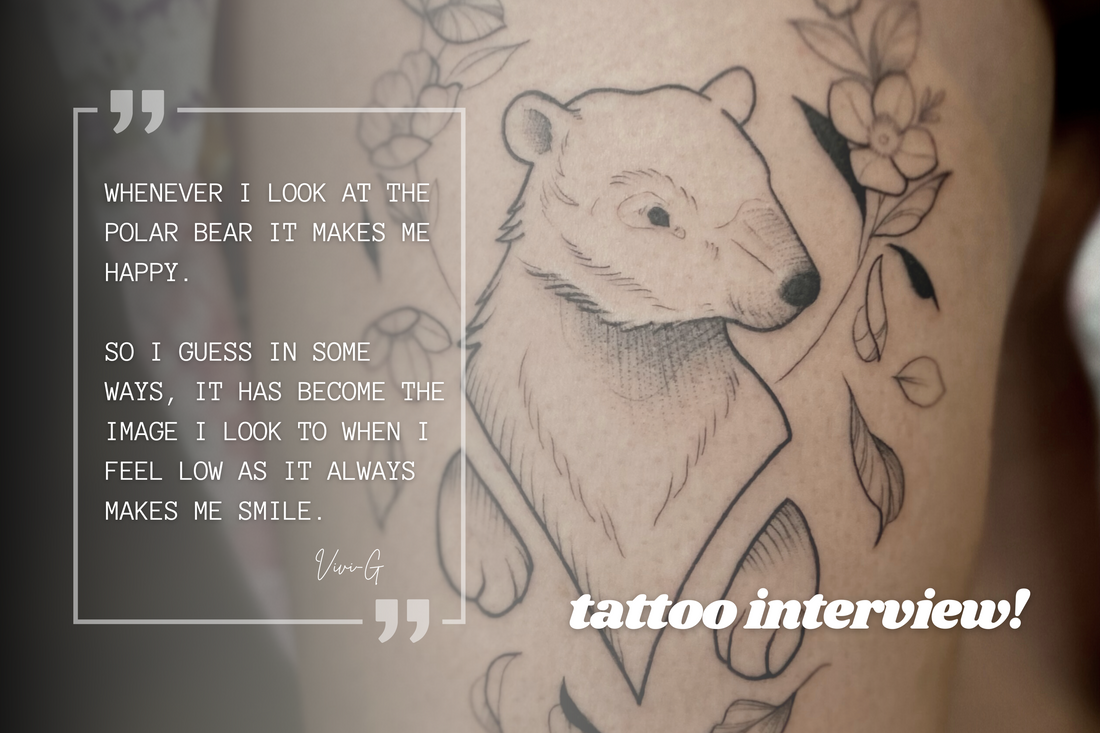 delicate polar bear tattoo by lu loram martin, top large blackwork floral tattoo specialist, and illustrator, based in toronto, canada