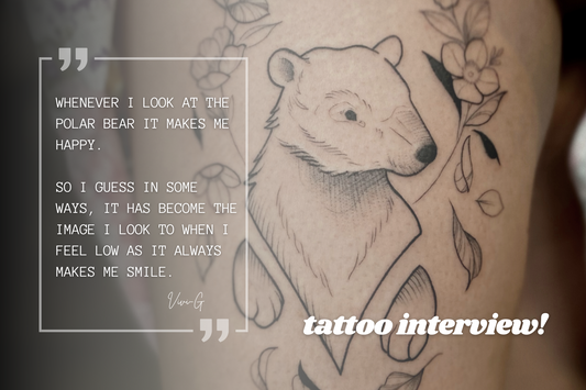 delicate polar bear tattoo by lu loram martin, top large blackwork floral tattoo specialist, and illustrator, based in toronto, canada