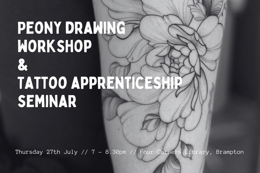 peony tattoo with description of drawing workshop over the top by lu loram martin, top large blackwork floral tattoo specialist, and illustrator, based in toronto, canada, best
