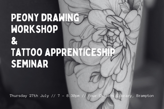 peony tattoo with description of drawing workshop over the top by lu loram martin, top large blackwork floral tattoo specialist, and illustrator, based in toronto, canada, best
