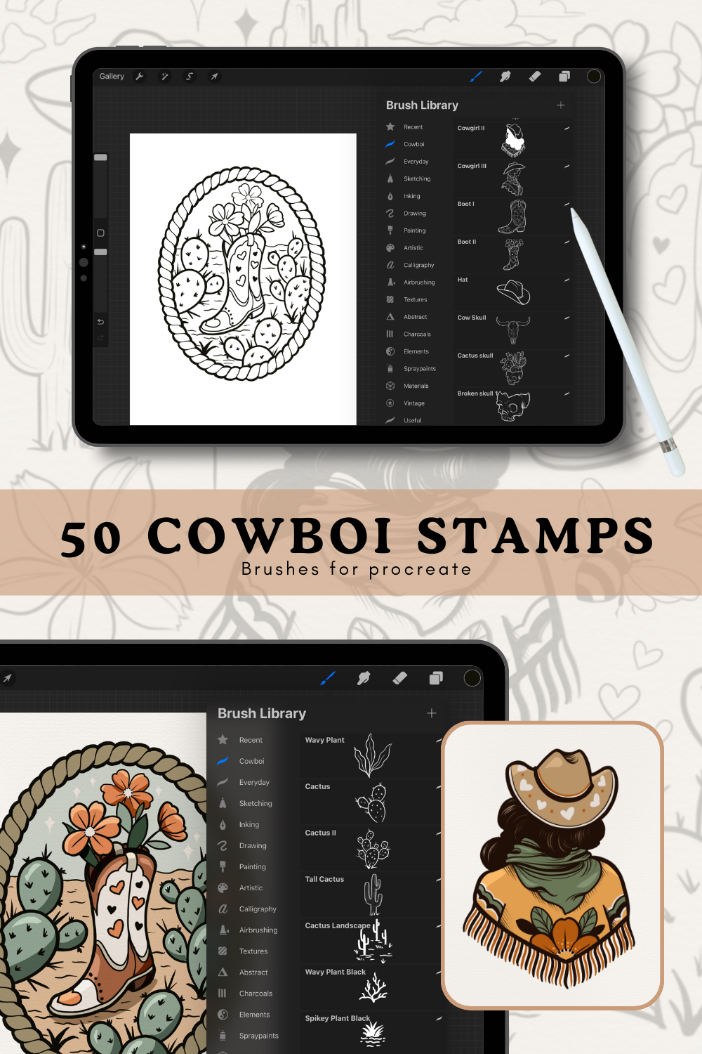 iPad screen displaying a Cowgirl Procreate stamp set with a cowgirl, desert cacti, and western scenery, perfect for creating custom southwestern digital art.