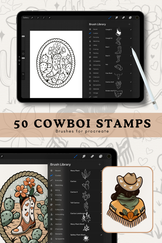 iPad screen displaying a Cowgirl Procreate stamp set with a cowgirl, desert cacti, and western scenery, perfect for creating custom southwestern digital art.