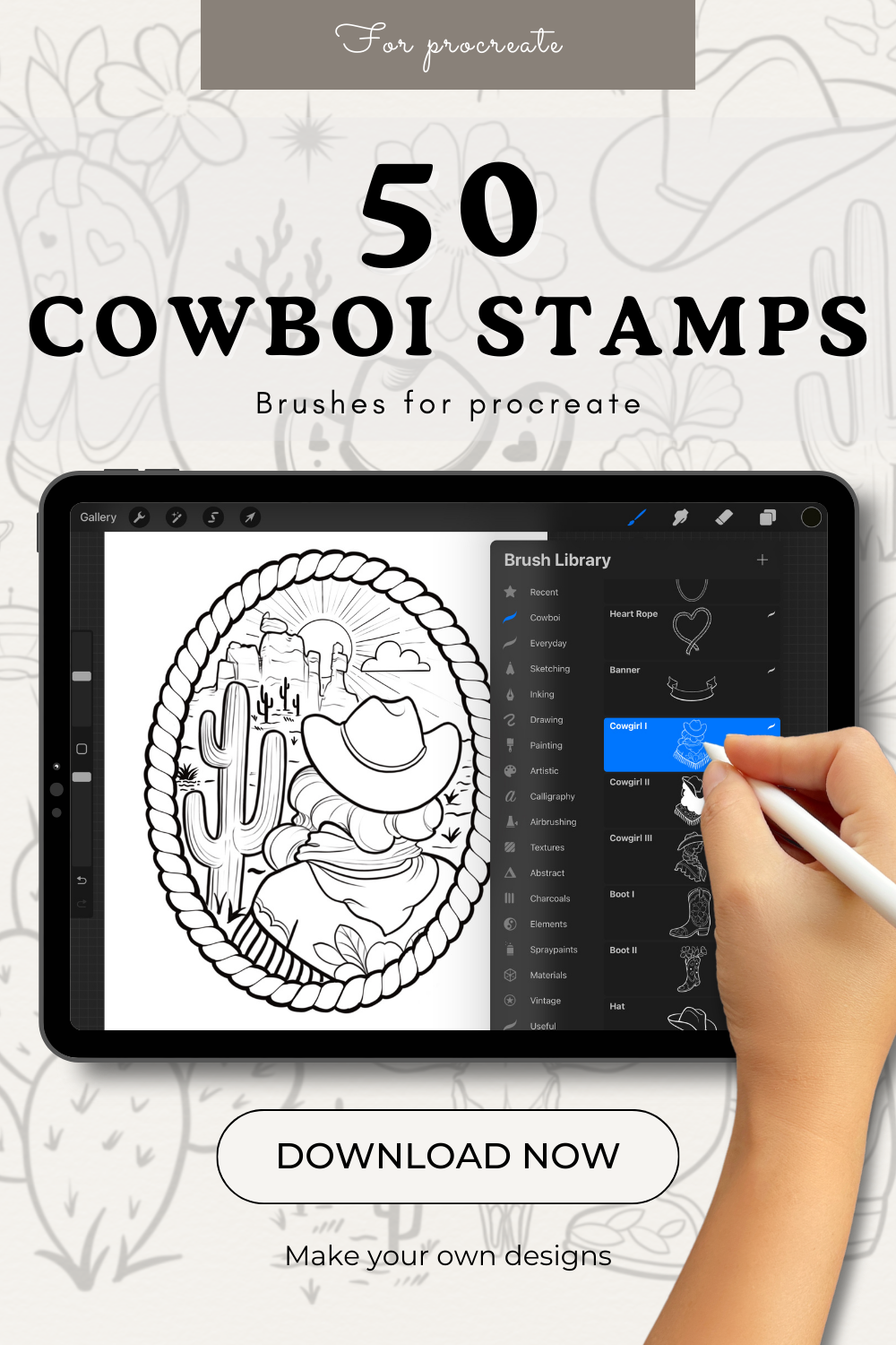 Procreate brush library displaying a Cowgirl stamp collection with cowgirl boots, cacti, and other western elements, ideal for bold blackwork digital designs.