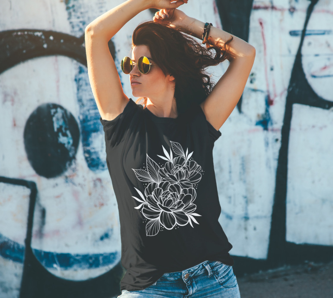 peony t-shirt, white print on black tshirt, by Lu Loram-Martin, Toronto