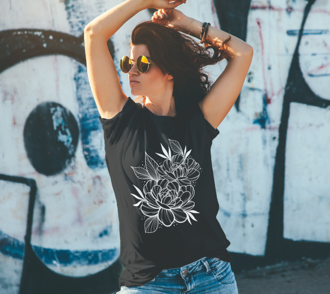 peony t-shirt, white print on black tshirt, by Lu Loram-Martin,  Toronto