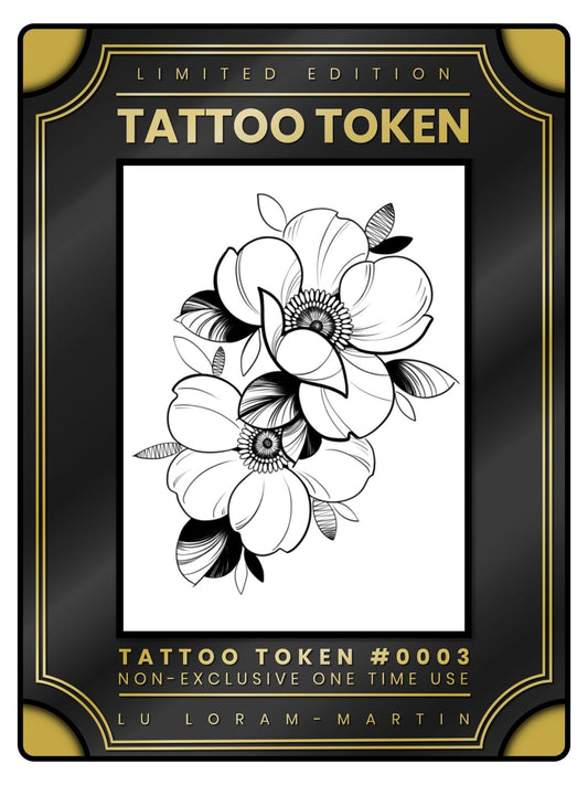 Anemone tattoo token design in black line work and shading, illustrated by female floral tattoo artist Lu Loram Martin, Toronto, Canada