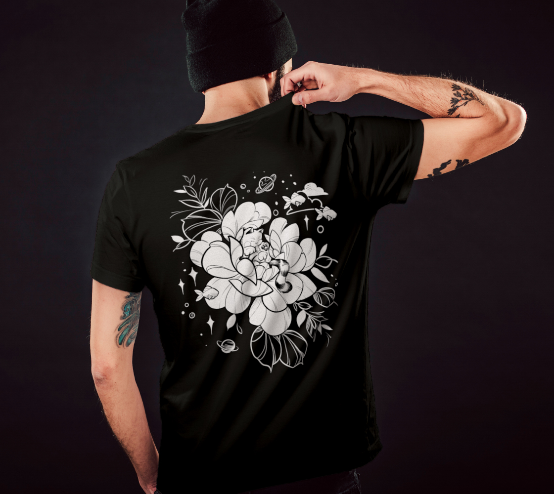 Always dreaming cat and flower tshirt design in black line work and shading, illustrated by female floral tattoo artist Lu Loram Martin, Toronto, Canada