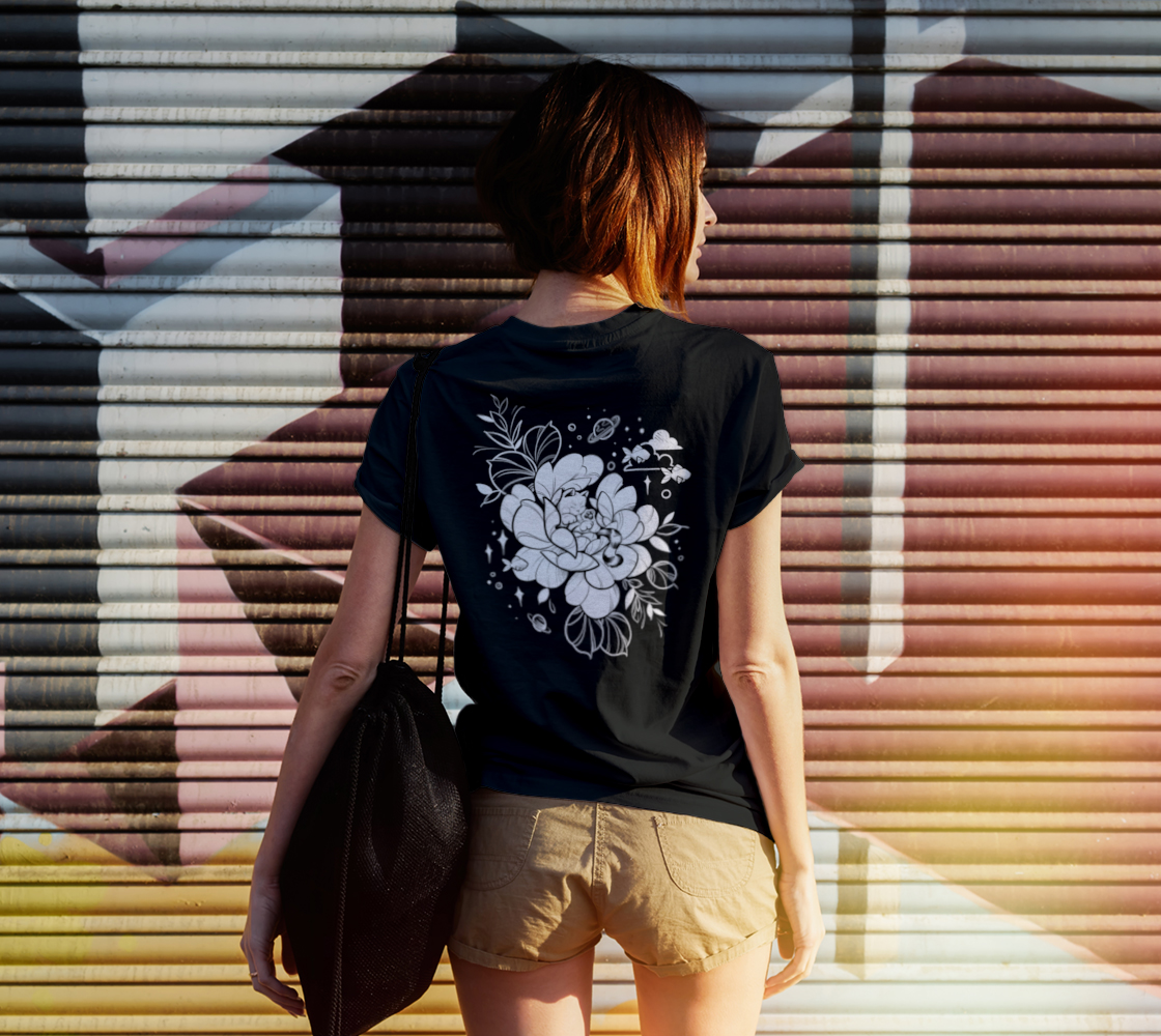Always dreaming cat and flower tshirt design in black line work and shading, illustrated by female floral tattoo artist Lu Loram Martin, Toronto, Canada