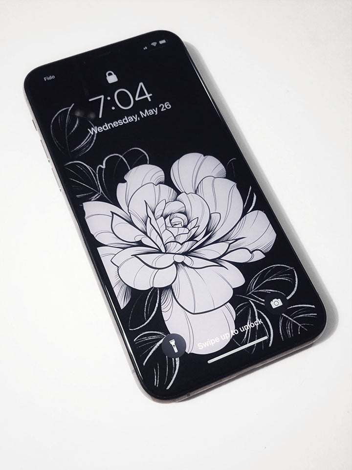 Rose design for phone wallpaper, white ink on black background, with fine lines and shading. Designed by Lu Loram Martin, Toronto, Canada.