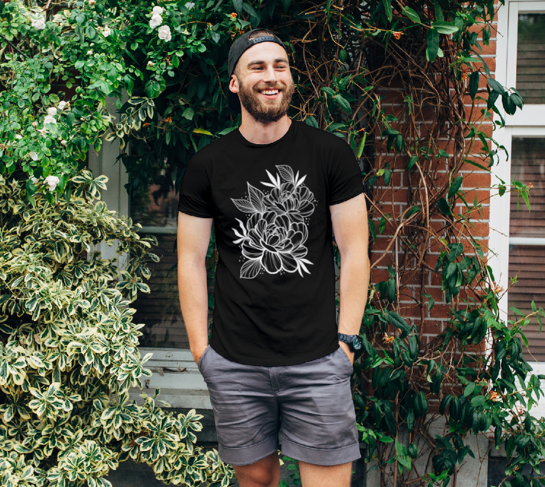peony t-shirt, white print on black tshirt, by Lu Loram-Martin, Toronto