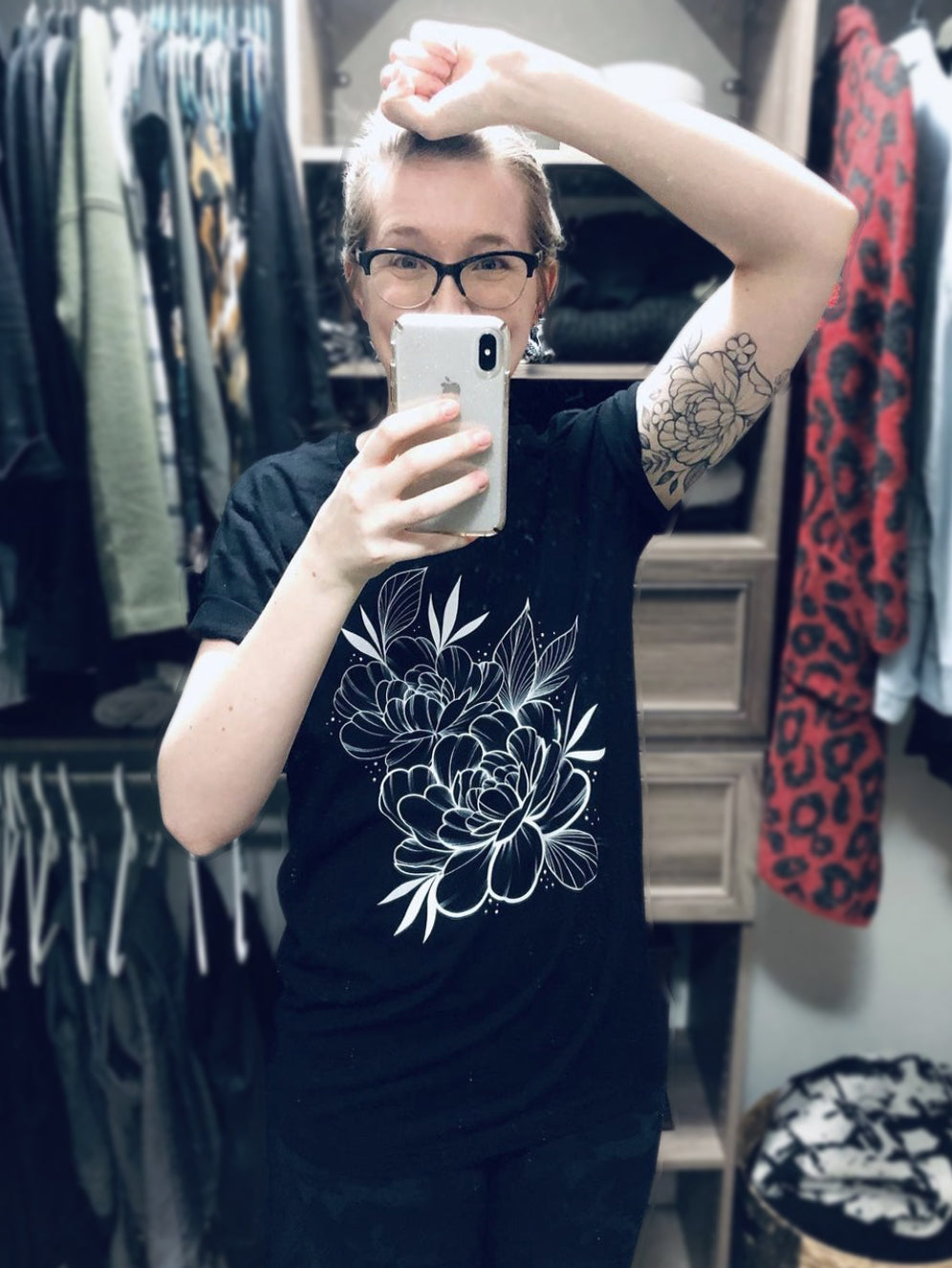 peony t-shirt, white print on black tshirt, by Lu Loram-Martin, Toronto