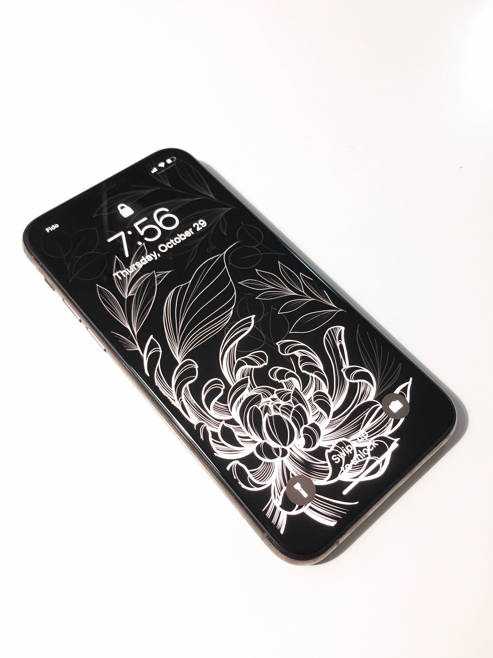 Delicate Chrysanthemum illustration phone background, white florals on black, by Lu Loram-Martin. Toronto tattoo artist and illustrator