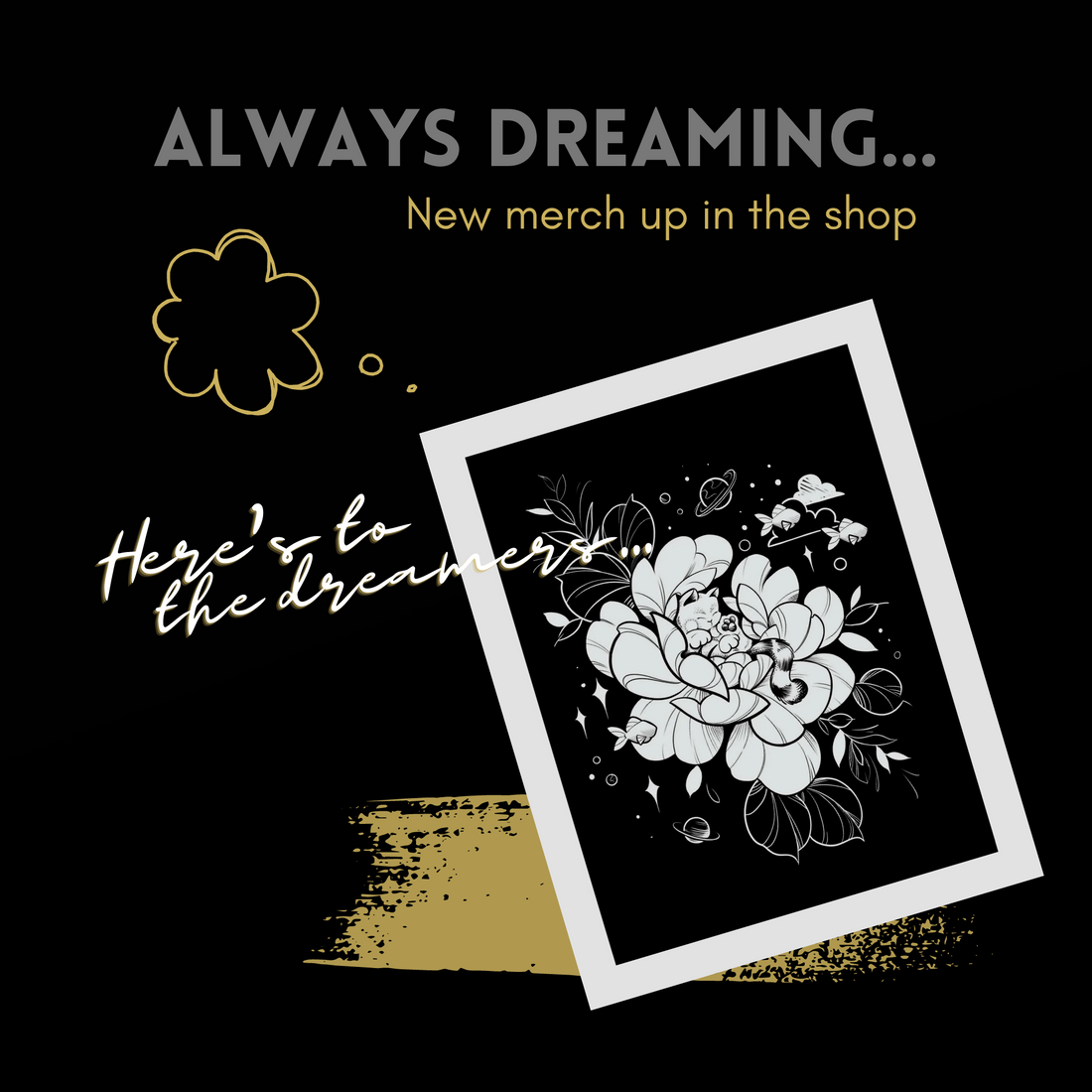 Always dreaming cat and floral design, illustrated by female tattoo artist Lu Loram Martin, Toronto, Canada