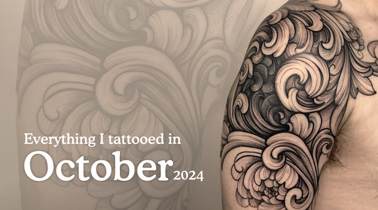 Detailed ornamental blackwork shoulder tattoo by Lu Loram-Martin, a specialized Toronto tattoo artist, showcasing intricate patterns and line work created in October 2024