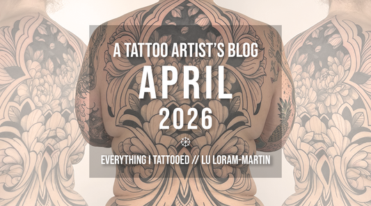 Floral ornamental backpiece tattoo by Toronto tattoo artist Lu Loram-Martin featured in an April tattoo studio recap blog post.