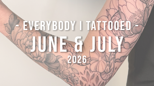 Floral and botanical tattoos on a client's arm by Toronto tattoo artist Lu Loram-Martin, featured in a June and July 2026 tattoo recap