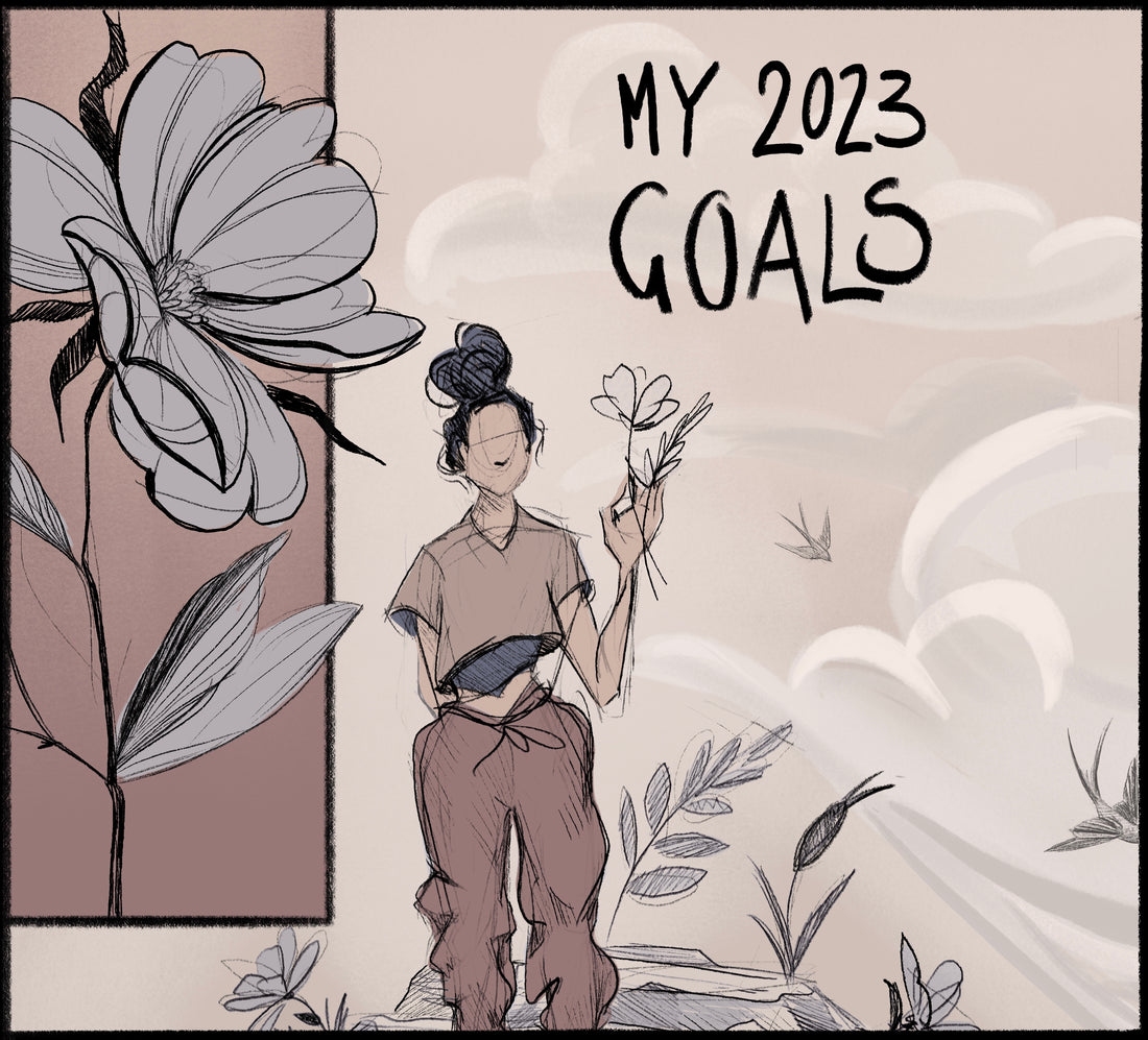 my 2023 goals illustration cover by lu loram-Martin, tattoo artist and illustrator, specialising in blackwork flower designs, based in toronto, canada