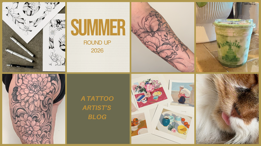 Summer 2026 tattoo and art round up featuring floral tattoos by Toronto tattoo artist Lu Loram-Martin