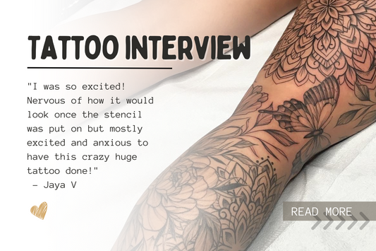tattoo interview with Jaya, who has a full leg tattoo, by lu loram martin, top large blackwork floral tattoo specialist, and illustrator, based in toronto, canada,