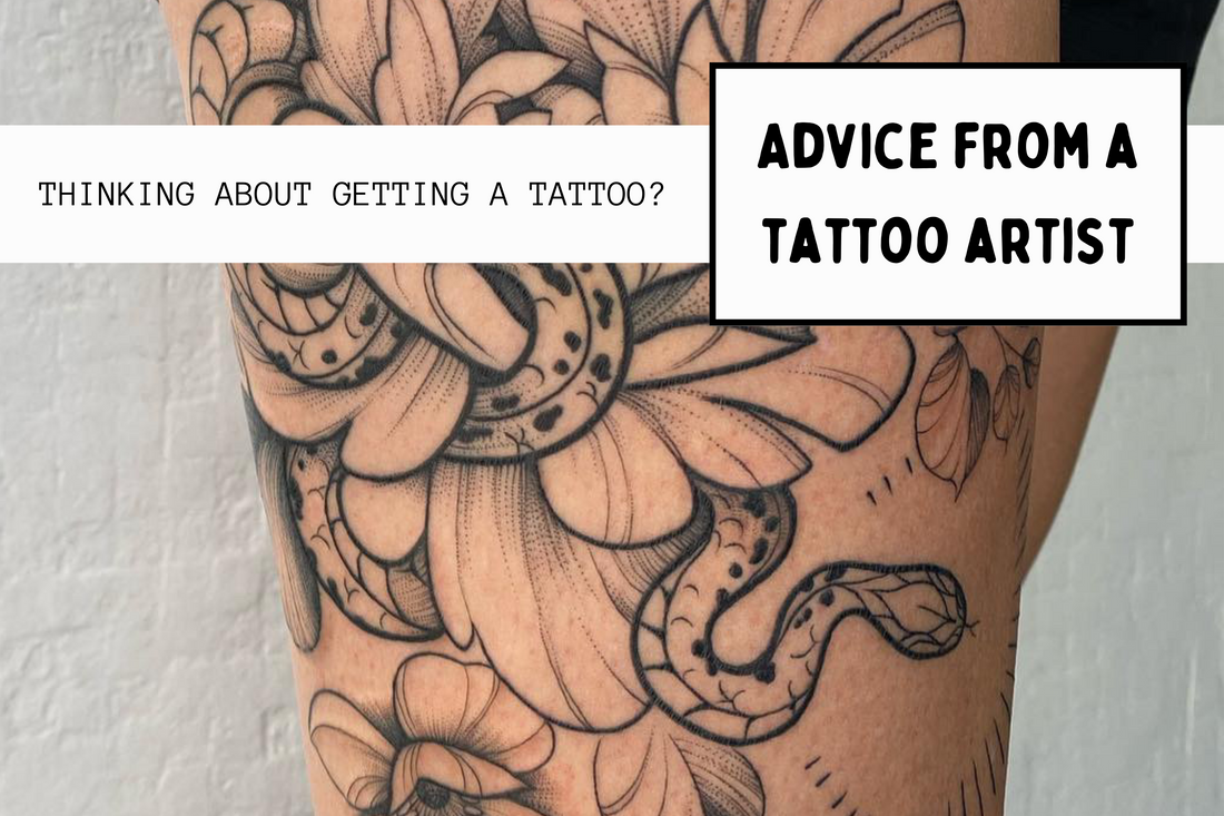 thinking about getting a tattoo blog post cover with heading over image of a blackwork thigh tattoo of a snake and peony flower by lu loram martin, large blackwork floral tattoo specialist, and illustrator, based in toronto, canada