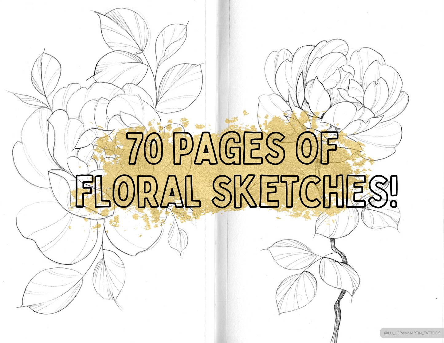 page from "floral sketchbook vol.I" by lu loram martin, top large bold blackwork flower tattoo specialist, and illustrator, based in toronto, canada,  showing beautiful rose sketches across an open sketchbook
