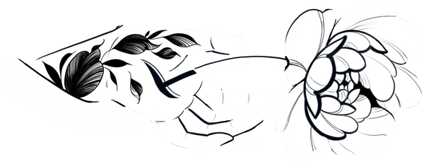 Black line art of a hand holding a flower on a white background. Tattoo style, by top floral tattoo artist, Lu Loram-Martin, based in Toronto Canada