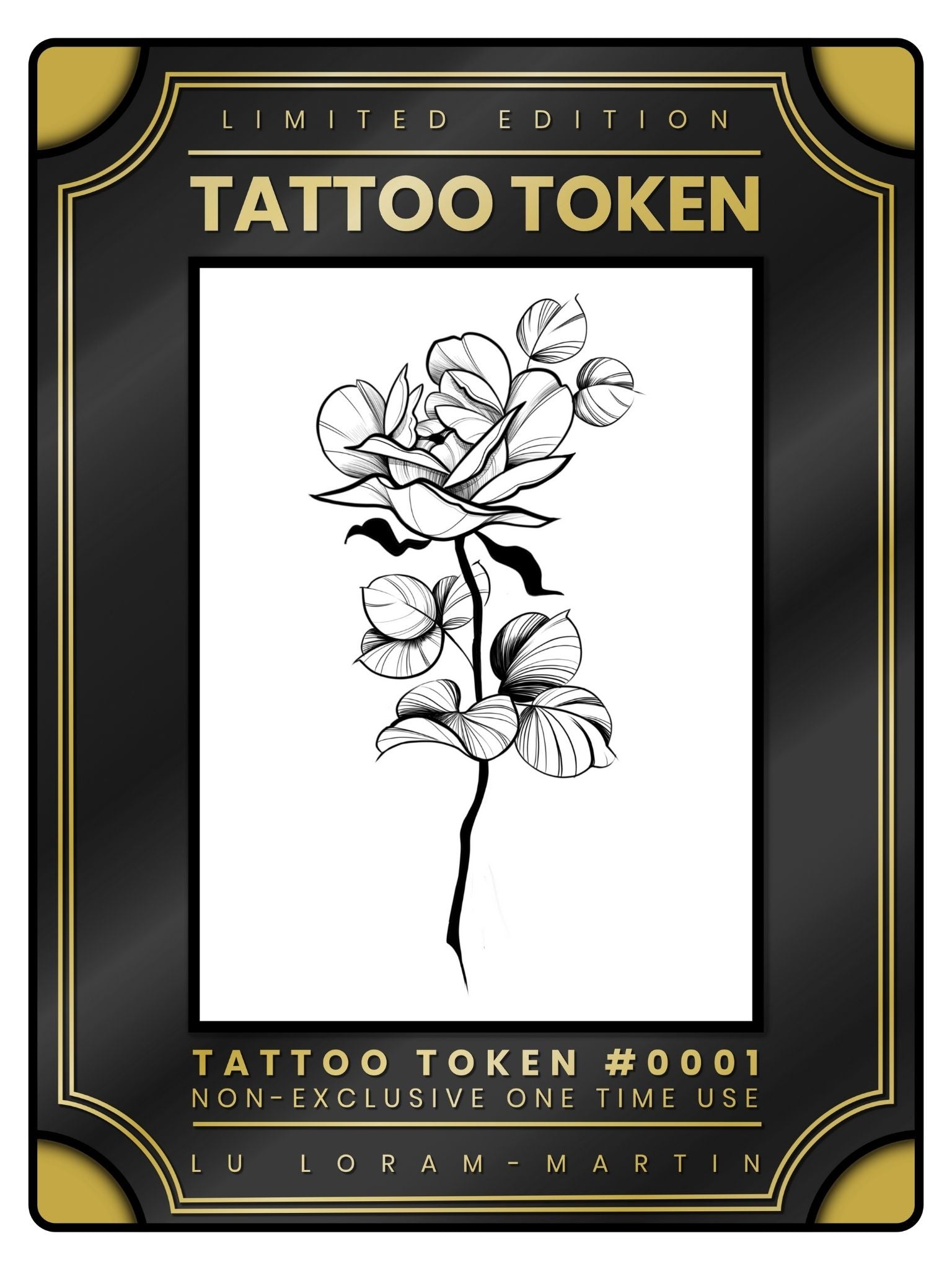 Rose tattoo token design in black line work and shading, illustrated by female floral tattoo artist Lu Loram Martin, Toronto, Canada