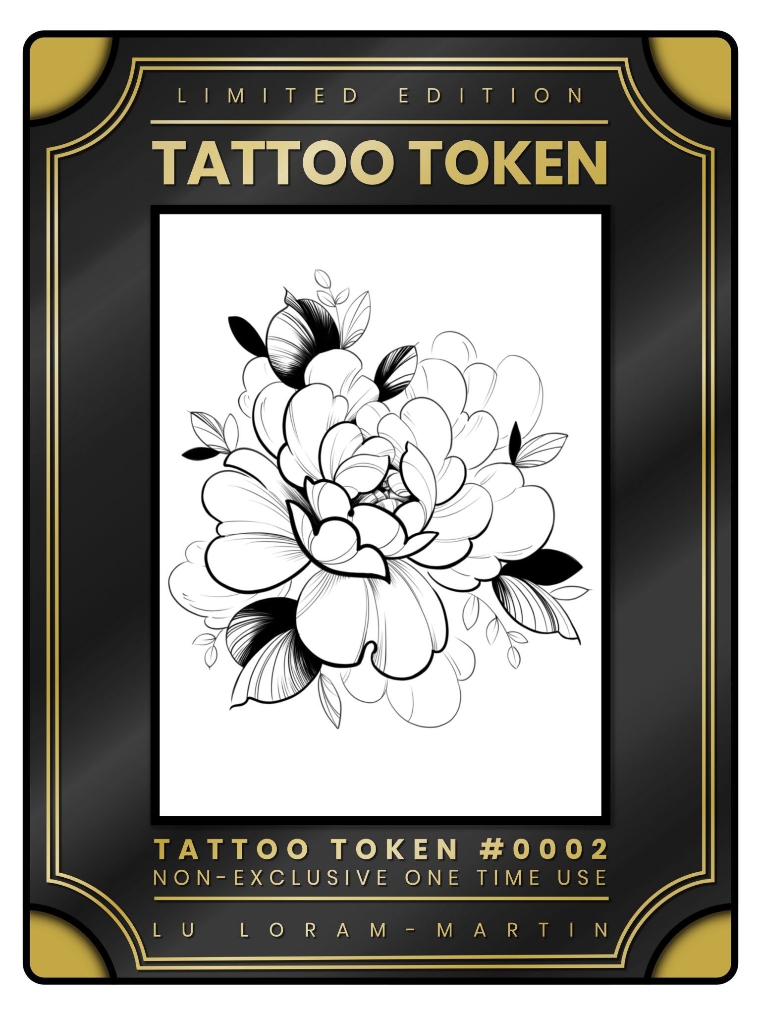 Peony tattoo token design in black line work and shading, illustrated by female floral tattoo artist Lu Loram Martin, Toronto, Canada