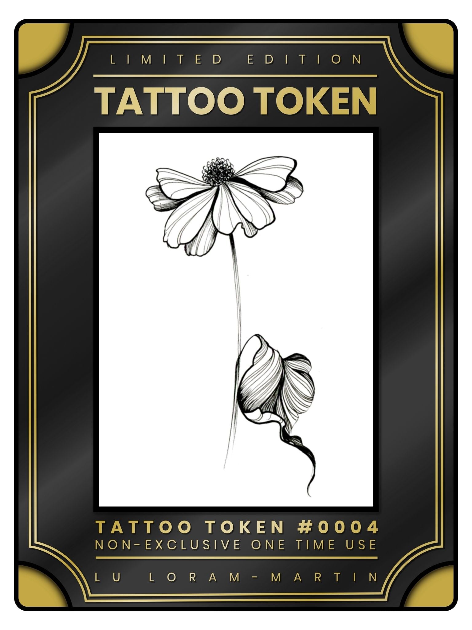 Wilted flower tattoo token design in black line work and shading, illustrated by female floral tattoo artist Lu Loram Martin, Toronto, Canada