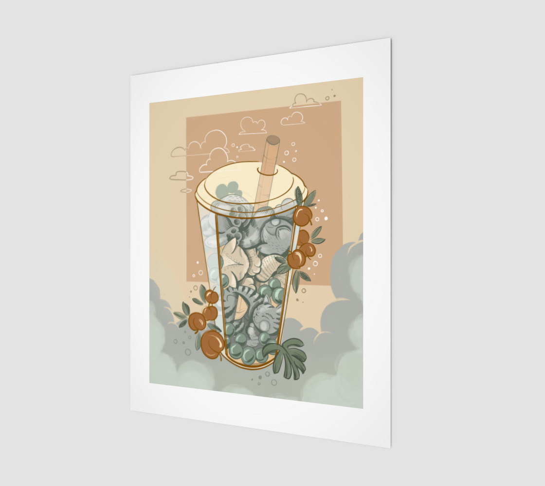 Digital illustration of cats in bubble tea cup, designed by Lu Loram Martin, Toronto, Canada