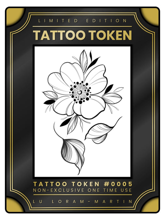 Cherry blossom tattoo token design in black line work and shading, illustrated by female floral tattoo artist Lu Loram Martin, Toronto, Canada