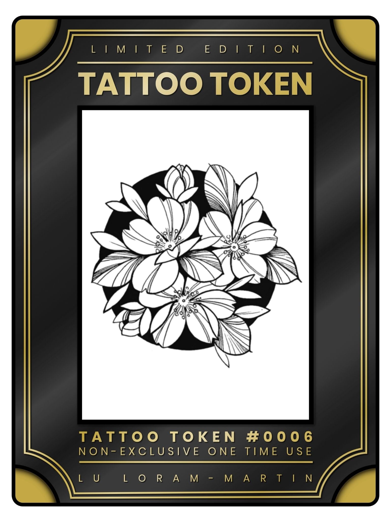 Cherry blossom circle tattoo token design in black line work and shading, illustrated by female floral tattoo artist Lu Loram Martin, Toronto, Canada
