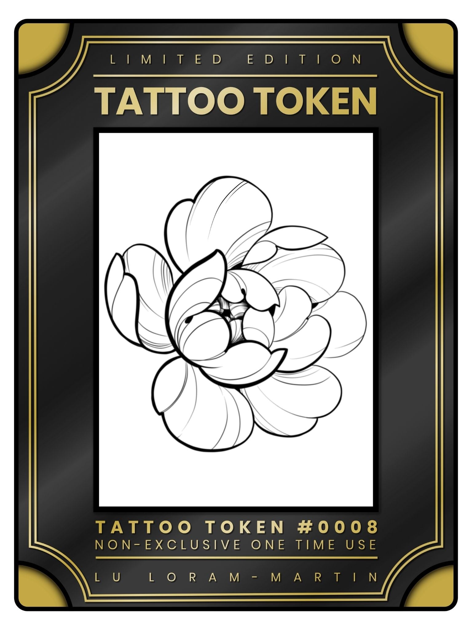 Simple peony floral tattoo token design in black line work and shading, illustrated by female floral tattoo artist Lu Loram Martin, Toronto, Canada