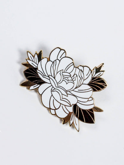 Floral enamel pin, on white background, made by Lu Loram-Martin