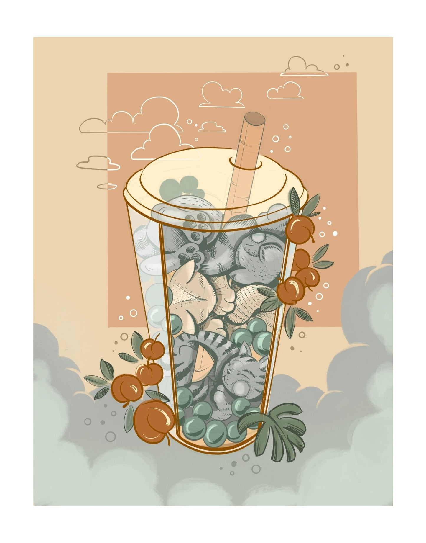 Digital illustration of cats in bubble tea cup, designed by Lu Loram Martin, Toronto, Canada