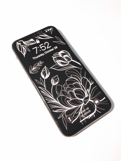 fineline lotus flower illustration phone background, white florals on black, by Lu Loram-Martin. Toronto tattoo artist and illustrator