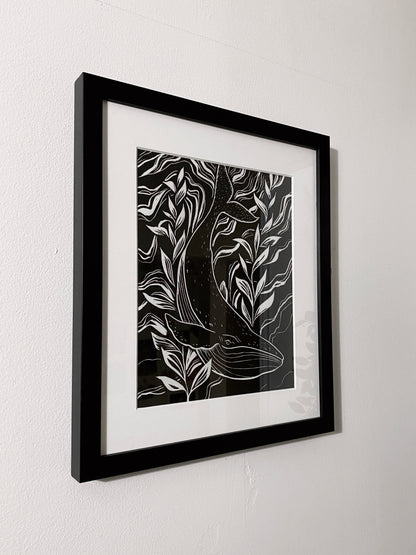 whale original linocut,  printed on Japanese paper, limited edition, by Lu Loram-Martin,  Toronto
