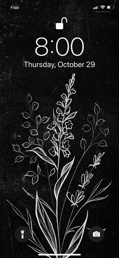 Beautiful wildflower illustration phone background, white florals on black, by Lu Loram-Martin. Toronto tattoo artist and illustration, iphone