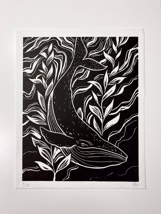 whale original linocut,  printed on Japanese paper, limited edition, by Lu Loram-Martin,  Toronto