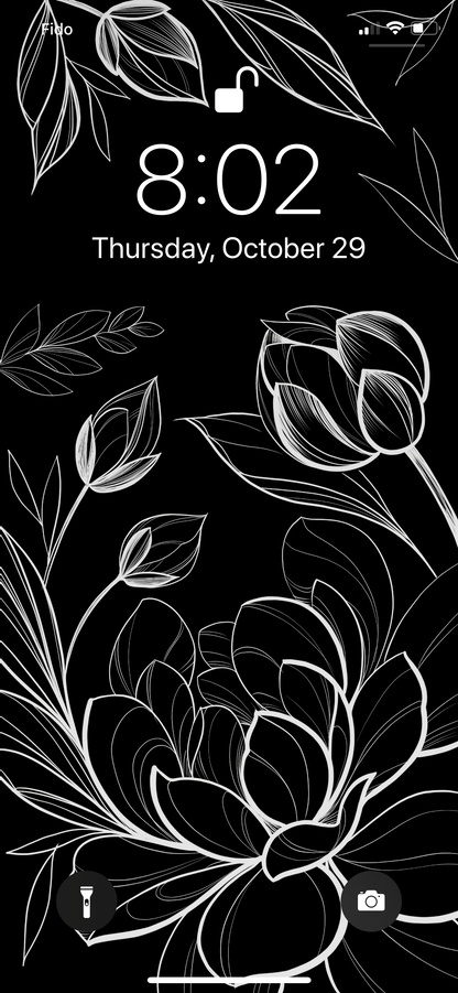 fineline lotus flower illustration phone background, white florals on black, by Lu Loram-Martin. Toronto tattoo artist and illustrator