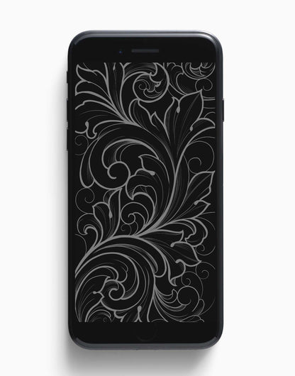 Delicate Ornamental illustration phone background, white florals on black, by Lu Loram-Martin. Toronto tattoo artist and illustrator