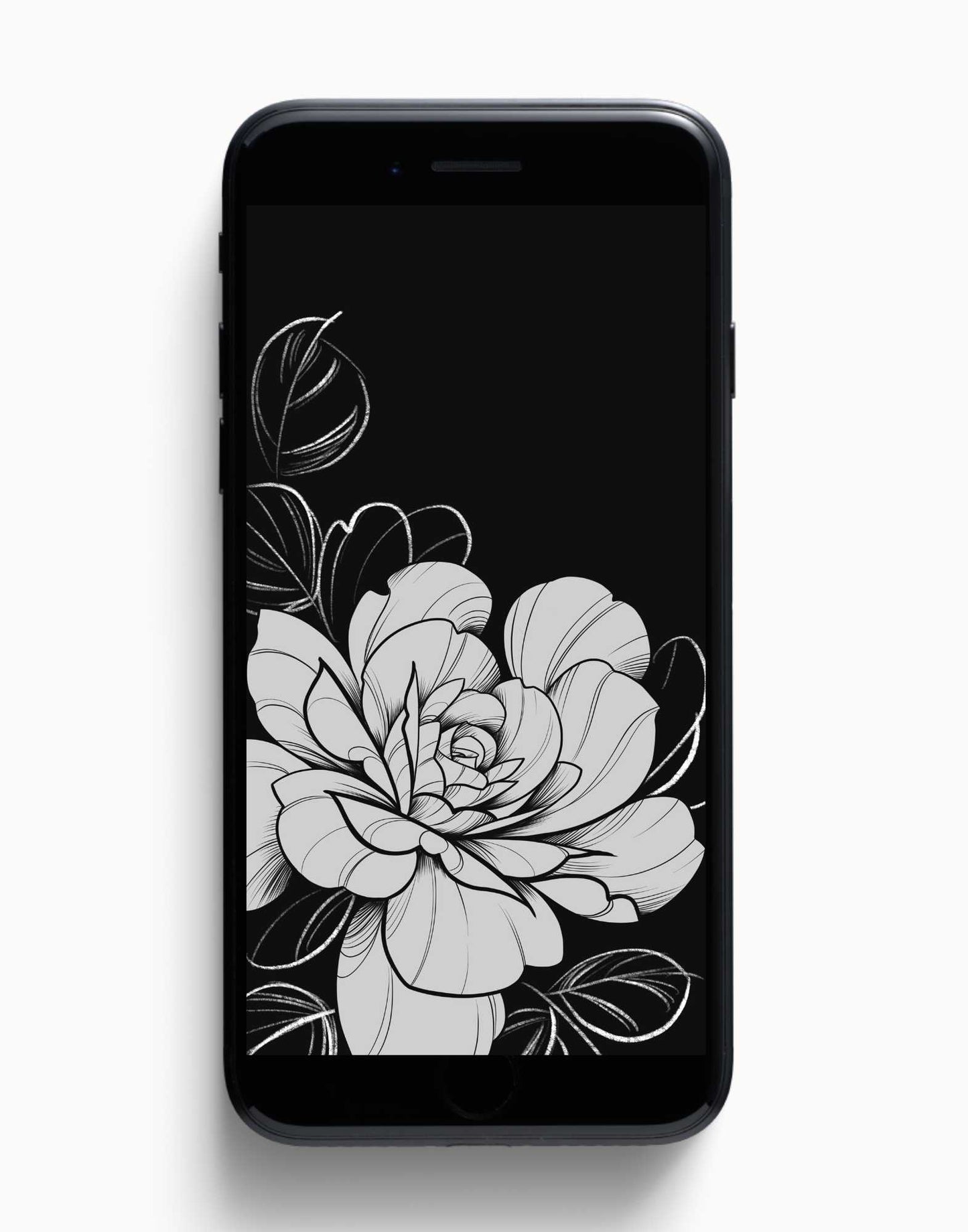 Rose design for phone wallpaper, white ink on black background, with fine lines and shading. Designed by Lu Loram Martin, Toronto, Canada.
